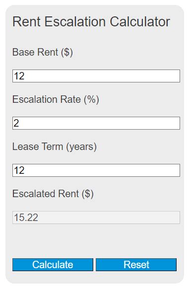 A standard rental increase is calculated by getting a percentage of the current monthly rent, typically from one to ten percent. . Rent escalation calculator